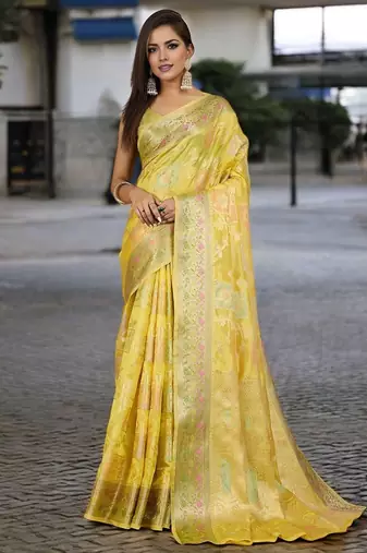 yellow woven design zari organza banarasi saree