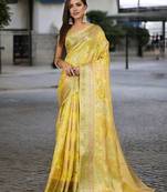 yellow woven design zari organza banarasi saree
