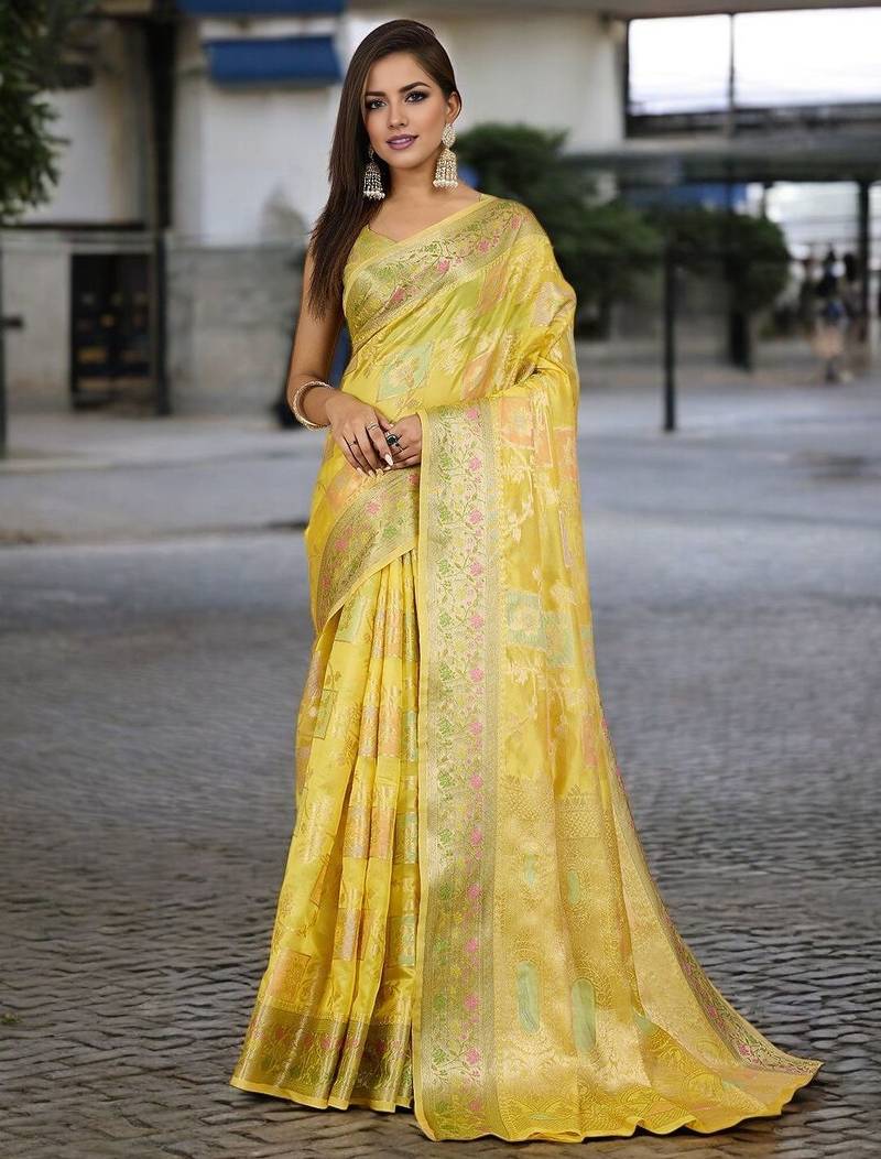 yellow woven design zari organza banarasi saree