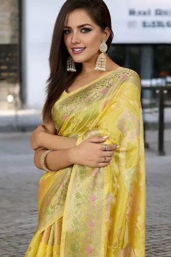 yellow woven design zari organza banarasi saree