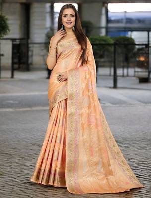peach woven design zari organza banarasi saree 1