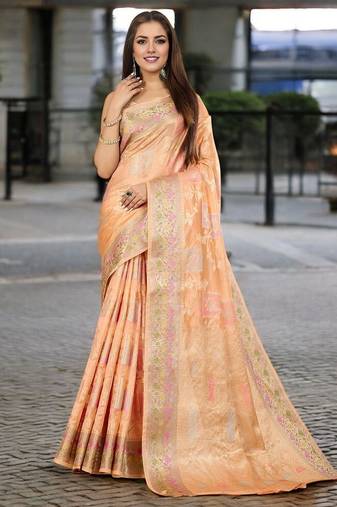 peach woven design zari organza banarasi saree