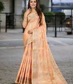 peach woven design zari organza banarasi saree