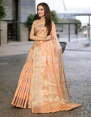 peach woven design zari organza banarasi saree 2