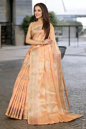peach woven design zari organza banarasi saree