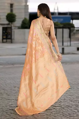 peach woven design zari organza banarasi saree