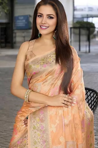 peach woven design zari organza banarasi saree