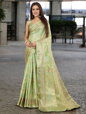 Pink pink & gold-toned floral zari silk blend paithani saree 1
