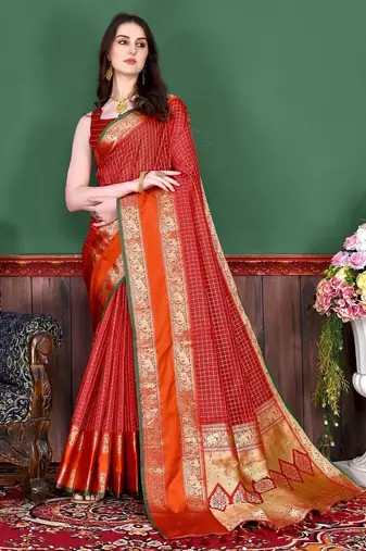 Red red & gold-toned floral zari silk blend paithani saree