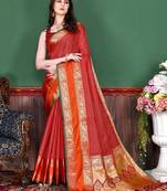 Red red & gold-toned floral zari silk blend paithani saree