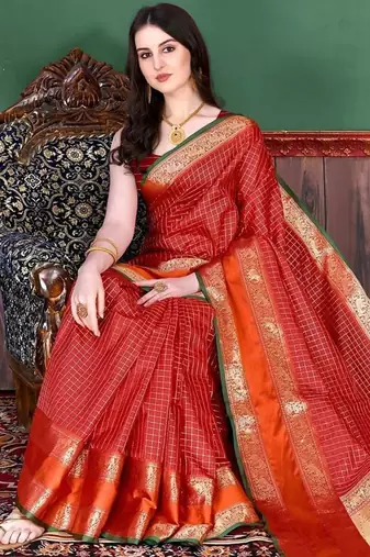 Red red & gold-toned floral zari silk blend paithani saree