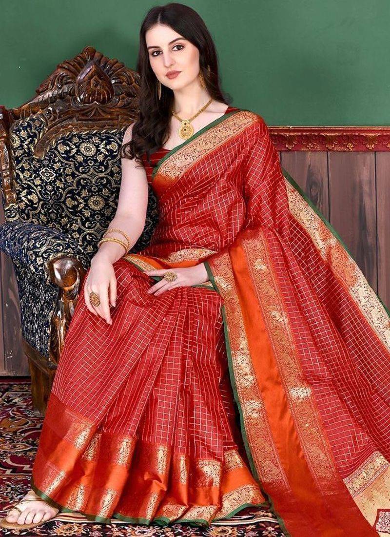 Red red & gold-toned floral zari silk blend paithani saree