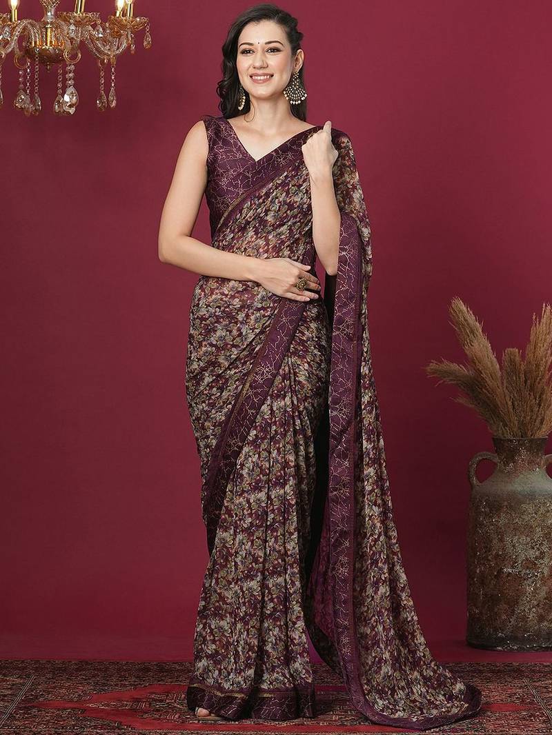 magenta floral printed pure georgette saree