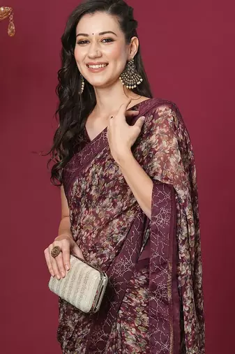 magenta floral printed pure georgette saree