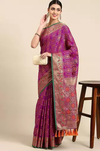 purple ethnic motifs zari silk blend patola saree