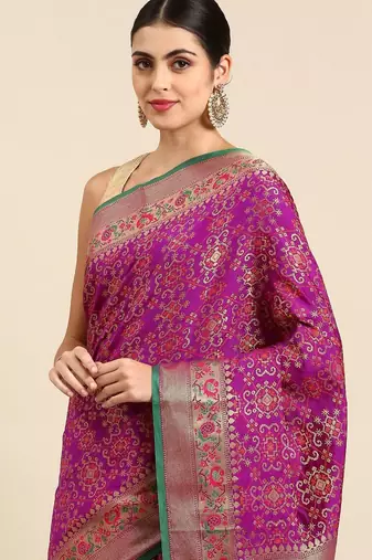 purple ethnic motifs zari silk blend patola saree