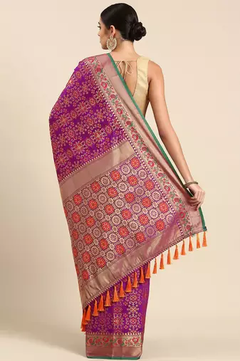 purple ethnic motifs zari silk blend patola saree