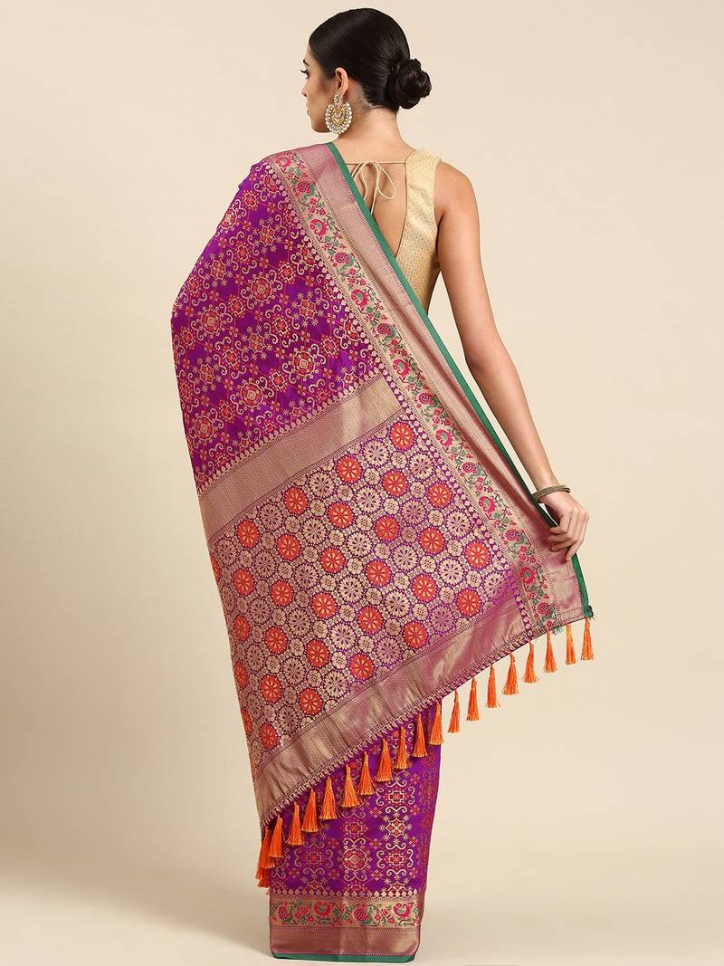 purple ethnic motifs zari silk blend patola saree