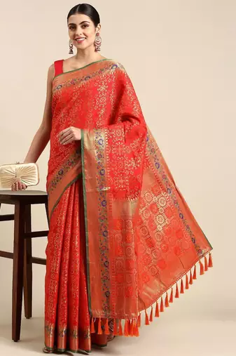 red ethnic motifs zari silk blend patola saree