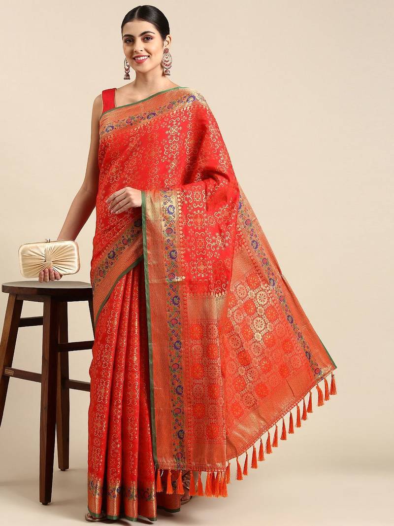 red ethnic motifs zari silk blend patola saree