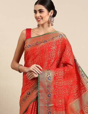 red ethnic motifs zari silk blend patola saree 2