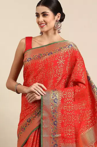 red ethnic motifs zari silk blend patola saree