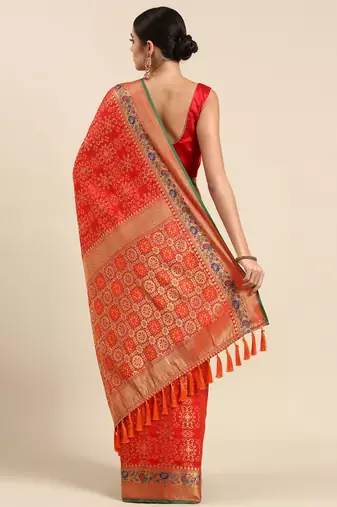 red ethnic motifs zari silk blend patola saree