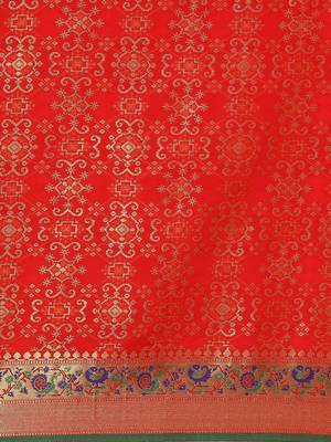 red ethnic motifs zari silk blend patola saree 4