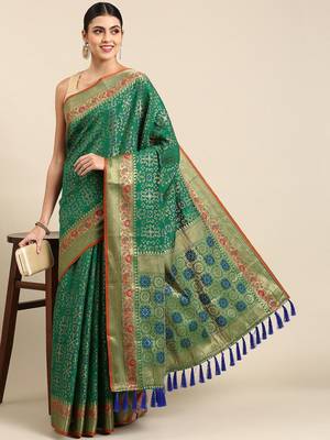 teal ethnic motifs zari silk blend patola saree 1
