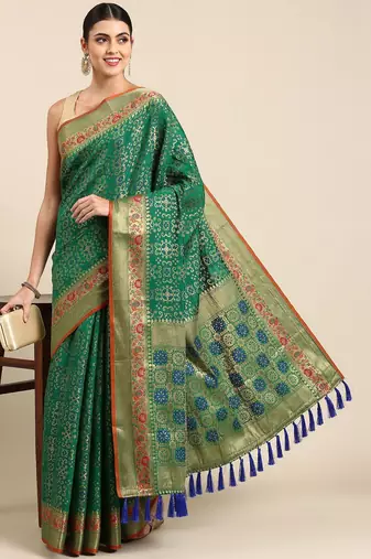 teal ethnic motifs zari silk blend patola saree