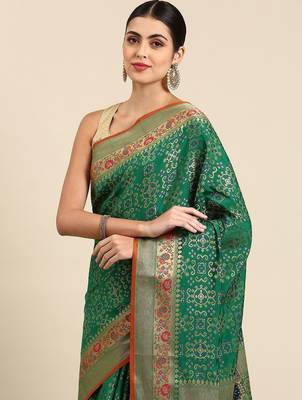 teal ethnic motifs zari silk blend patola saree 2