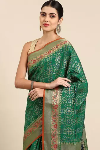 teal ethnic motifs zari silk blend patola saree