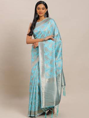 blue blue & gold-toned woven design zari silk blend banarasi saree 1
