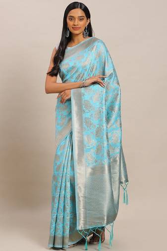 blue blue & gold-toned woven design zari silk blend banarasi saree