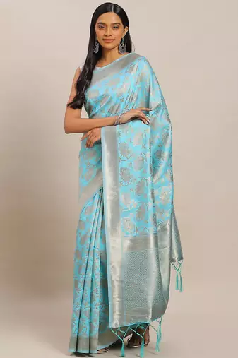 blue blue & gold-toned woven design zari silk blend banarasi saree