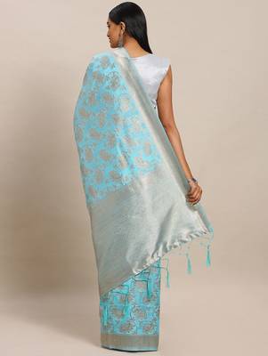 blue blue & gold-toned woven design zari silk blend banarasi saree 2
