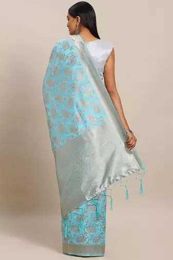 blue blue & gold-toned woven design zari silk blend banarasi saree