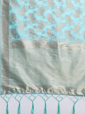 blue blue & gold-toned woven design zari silk blend banarasi saree 4