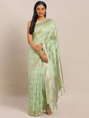 Teal teal & gold-toned woven design zari silk blend kanjeevaram saree 1