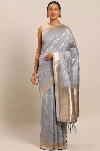 grey grey & gold-toned art silk woven design banarasi saree
