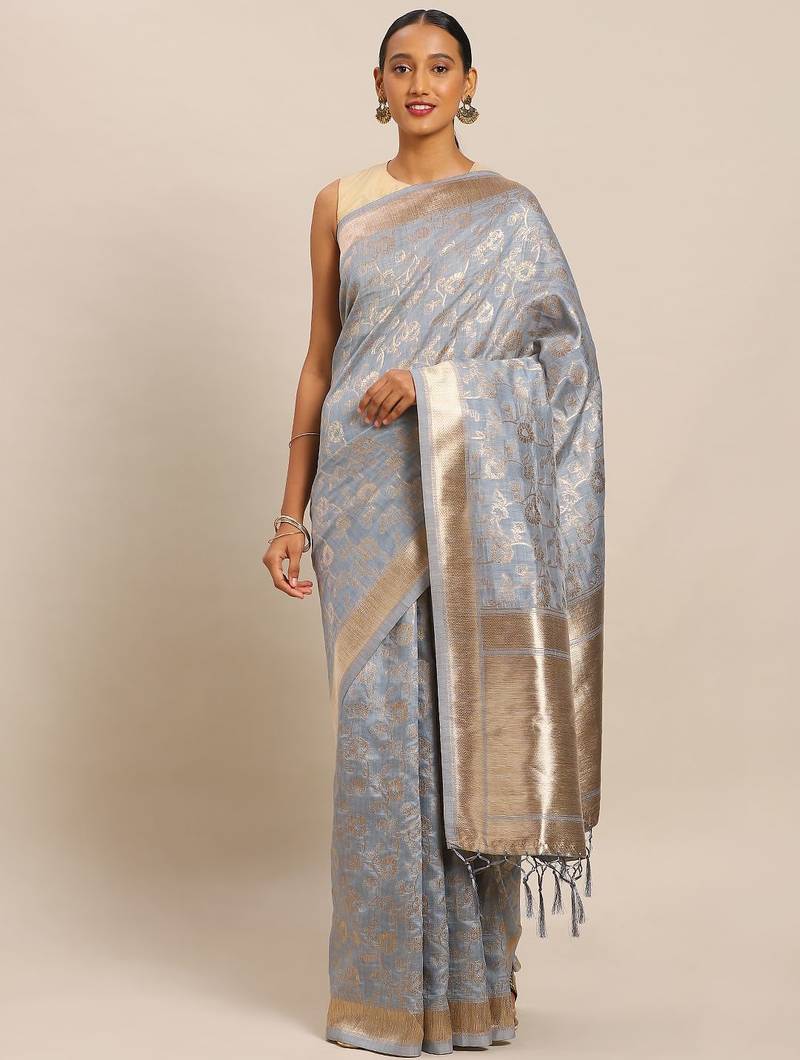 grey grey & gold-toned art silk woven design banarasi saree