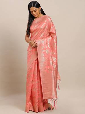 pink pink & gold-toned art silk woven design banarasi saree 1