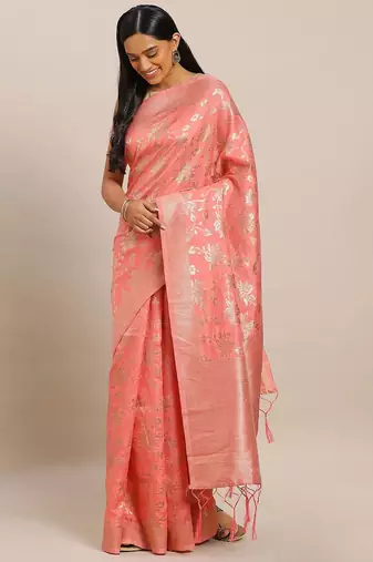 pink pink & gold-toned art silk woven design banarasi saree