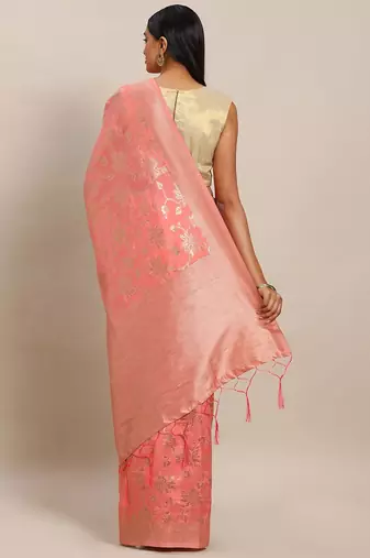 pink pink & gold-toned art silk woven design banarasi saree