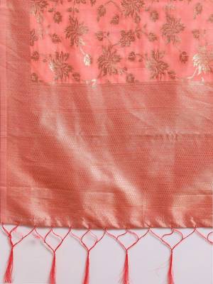 pink pink & gold-toned art silk woven design banarasi saree 4