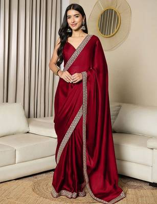 Maroon embroidered satin saree 1
