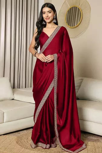 Maroon embroidered satin saree