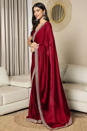 Maroon embroidered satin saree