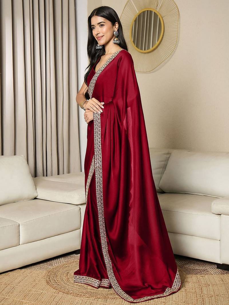Maroon embroidered satin saree