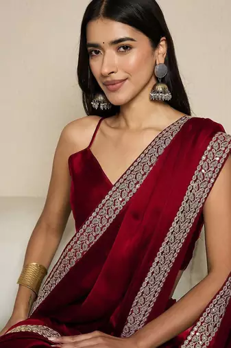 Maroon embroidered satin saree